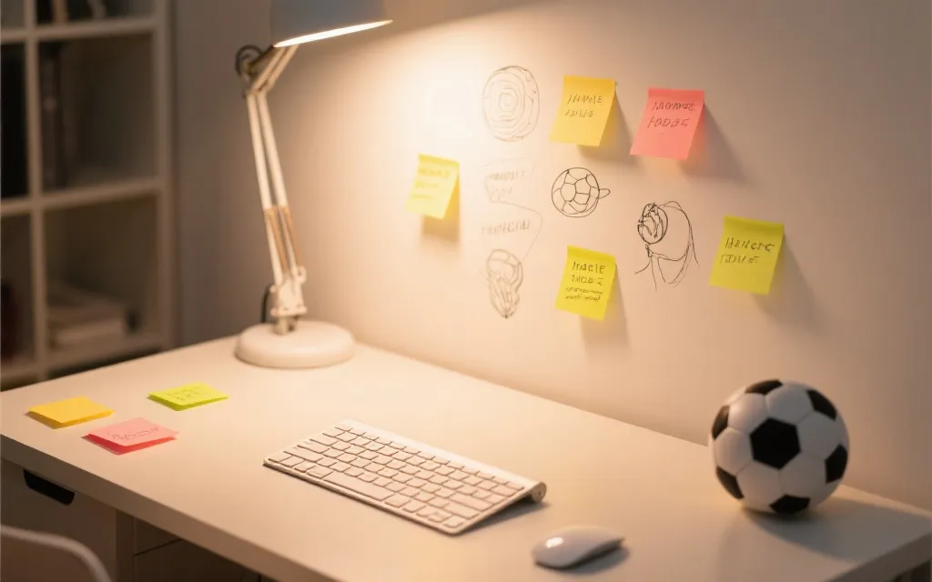 标题构思过程：便签与草稿、键盘与球赛元素的创意工作台