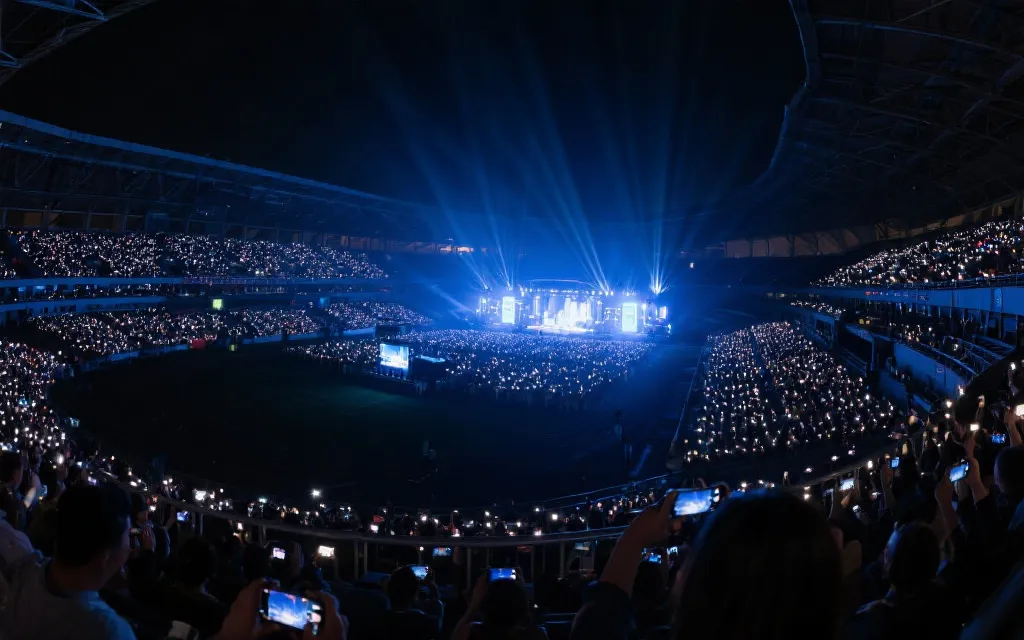 夜色下的球场看台，成千上万的手机灯光如星海，中央舞台灯光正在亮起